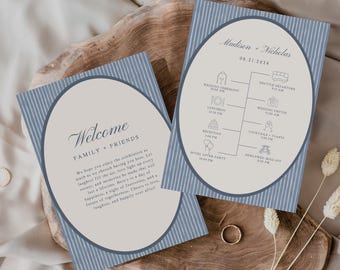 May include: Two blue and white striped wedding invitation cards. One card says "Welcome Family + Friends" with text inside an oval. The other card has a wedding timeline with the names "Madison + Nicholas" and the date "06.21.2028".
