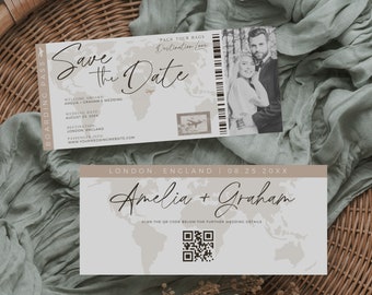 Boarding Pass Save The Date, Destination Wedding Save The Date, Travel Theme Wedding, Save The Date Template With Photo, Editable In Canva