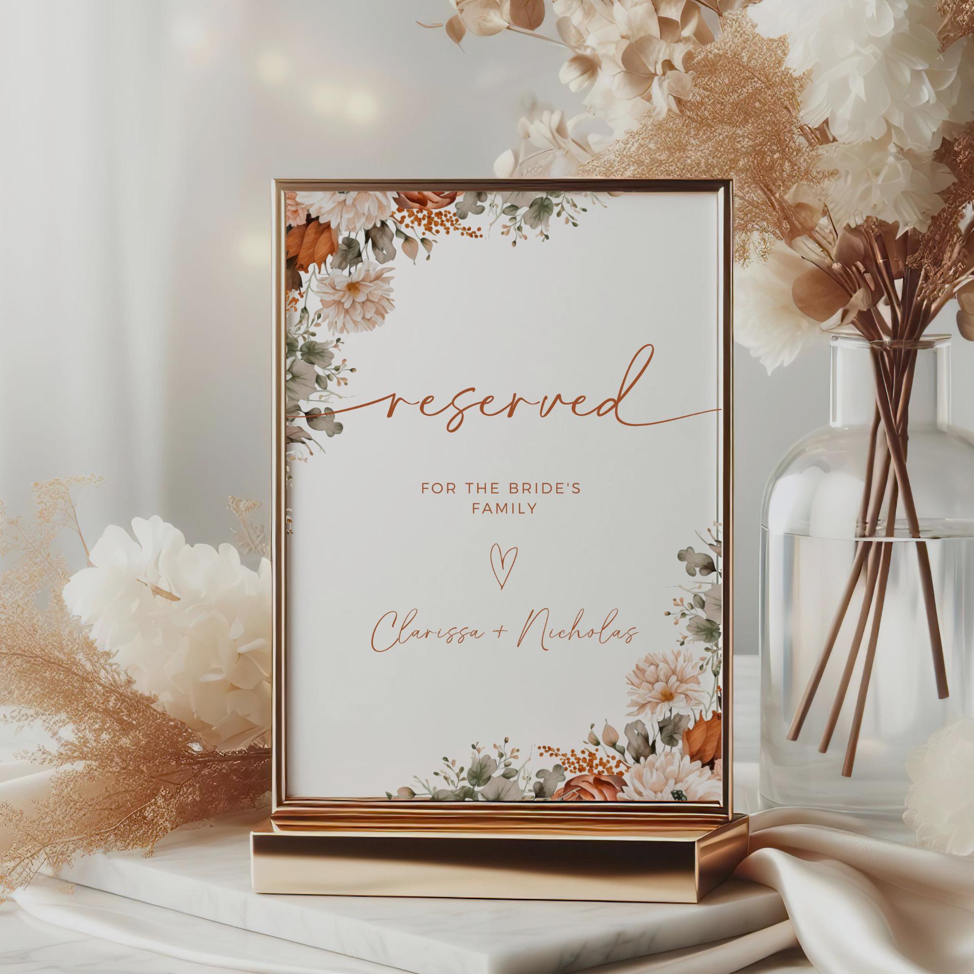 Editable Fall Floral Wedding Reserved Sign, Boho Autumn Table Decor ...