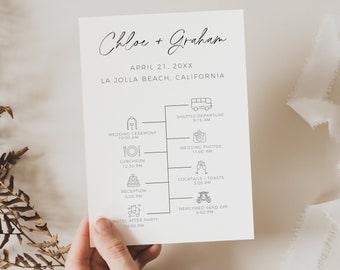 Chronologie de mariage minimaliste, modèle modifiable, calendrier du jour du mariage imprimable, ordre des événements, carte de cérémonie de mariage, carte de mariage bohème