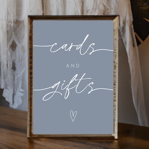 Karten und Geschenke Zeichen, bearbeitbare Vorlage, Staubblau Thema, Geschenk Tisch Zeichen, Hochzeit Empfang Dekor, modern Minimalistisch, Instant Download