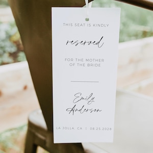 Wedding Reserved Seat Tag, Modern Minimalist, Wedding Reserved Seating Sign, Reserved Chair Tag, Editable Template, Reserved For Family