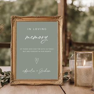 May include: A framed sign with the words "IN LOVING memory" in white script on a sage green background. The sign also includes the text "OF THOSE WHO CAN'T BE WITH US TODAY BUT ARE FOREVER IN OUR HEARTS" and the names "Amelia + Graham".