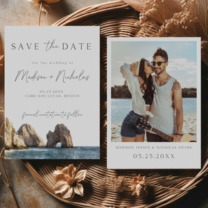 May include: Save the Date wedding announcement with a photo of a couple kissing on a beach. The announcement includes the couple's names, Madison and Nicholas, the date 05.25.20XX, and the location Cabo San Lucas, Mexico.