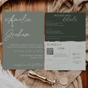 May include: A wedding invitation with a green background and white text. The invitation is for Amelia and Graham's wedding on Sunday, June 21st. The invitation includes the wedding ceremony and reception details, as well as a RSVP card with a QR code.