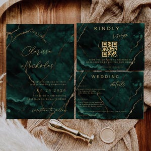 Conjunto de convites de casamento esmeralda, convite verde escuro e dourado, modelo Canva totalmente editável, papelaria de casamento para impressão, conjunto de cartões Boho