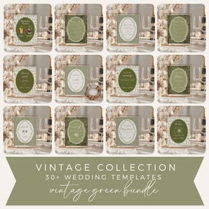Op de afbeelding: Een verzameling vintage groene huwelijkssjablonen, waaronder uitnodigingskaarten en bewegwijzering. De sjablonen hebben elegante ontwerpen met bloemaccenten en gouden frames. De tekst "Vintage Collection" en "Vintage Green Bundle" is zichtbaar.