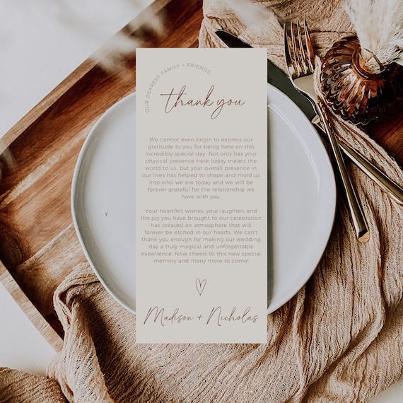 Terracotta Thank You Place Cards, Fall Wedding Menu Thank You Card Template, Printable Thank You, Napkin Note, Minimalist Place Setting Note