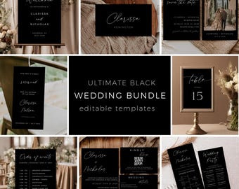 Black Wedding Bundle Templates, Printable Wedding Stationary, Black Minimalist Invitation Set, Editable In Canva, Wedding Sign Bundle