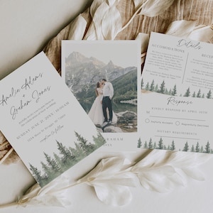 Pine Wedding Invitation Suite, Forest Wedding Invitation Template, Pine Tree Wedding Stationary, Outdoor Wedding Invite, Summer Wedding