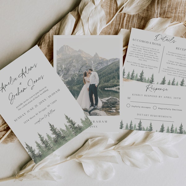 Pine Wedding Invitation Suite, Forest Wedding Invitation Template, Pine Tree Wedding Stationary, Outdoor Wedding Invite, Summer Wedding