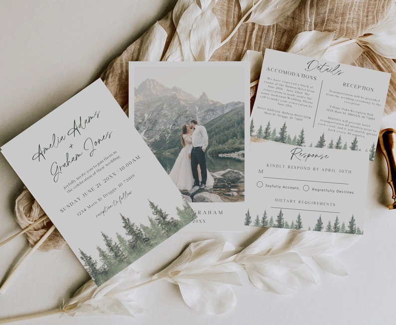 Pine Wedding Invitation Suite, Forest Wedding Invitation Template, Pine Tree Wedding Stationary, Outdoor Wedding Invite, Summer Wedding image 1