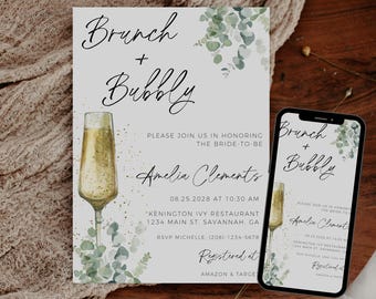 Brunch And Bubbly Bridal Shower Invitation, Bridal Brunch Invitation, Boho Bridal Shower Invitation Template, Printable Greenery Invitation