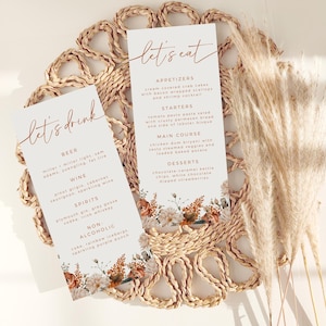 Cartes de menu de mariage d'automne rustique, modèle de toile entièrement modifiable, menu imprimable dîner et boissons, menu floral automne bohème, cartes Let's Eat