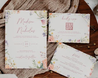 May include: A floral wedding invitation suite with a watercolor design. The invitation features the names "Madison + Nicholas" and details for their wedding on September 28th, 2026 at The Diamond Palace. The RSVP card includes a QR code and the text "Kindly RSVP". The details card lists the ceremony and reception times and locations.
