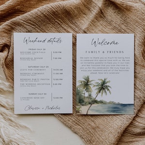 Plantilla de itinerario de boda tropical, nota de bienvenida, tarjeta con detalles de boda en viajes, boda de destino, descarga instantánea, plantilla editable