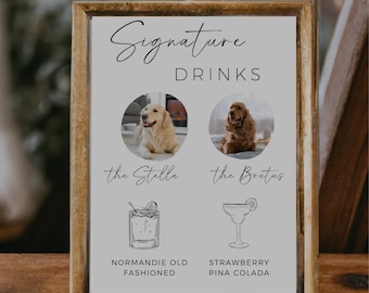 Hunde-Signatur-Getränkeschild, Signatur-Cocktail, minimalistisches Hunde-Cocktail-Schild, Haustier-Signatur-Getränke, Hochzeits-Getränkeschild, bearbeitbare Vorlage