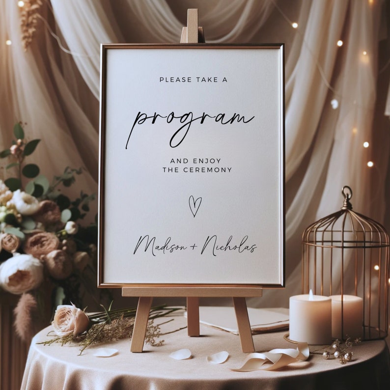 Minimalist Wedding Program Sign, Fully Editable Template, Boho Wedding ...