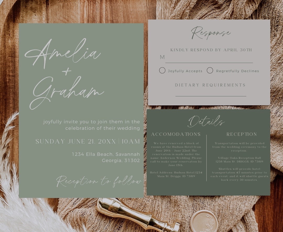Sage Green Wedding Invitation, Bohemian Wedding Invitation Template ...