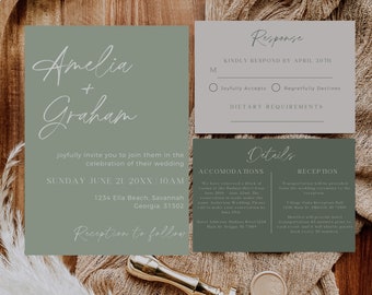 Sage Green Wedding Invitation, Bohemian Wedding Invitation Template Suite, Wedding Invitation Set, Custom Printable Invitation With Photo