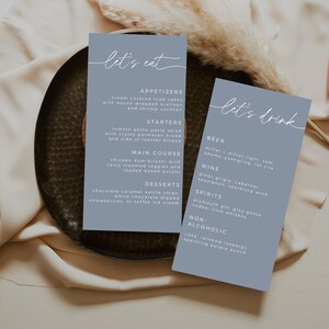 Szablon menu weselnego Dusty Blue, menu kolacji weselnej Boho, drukowane menu drinków weselnych, minimalistyczny znak Let's Drink, natychmiastowe pobieranie