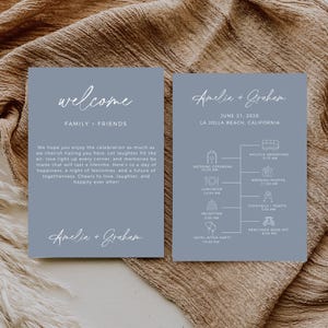 Stoffige blauwe bruiloft, boho-huwelijksroute, bruiloft welkomsttasje, bewerkbare sjabloon, minimalistische bruiloft tijdlijn, Instant Download