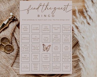 Butterfly Find The Guest Bingo, Printable Bridal Shower Game, Editable Template, Bridal Shower Ideas, Light Pink Bridal Bingo, Edit In Canva