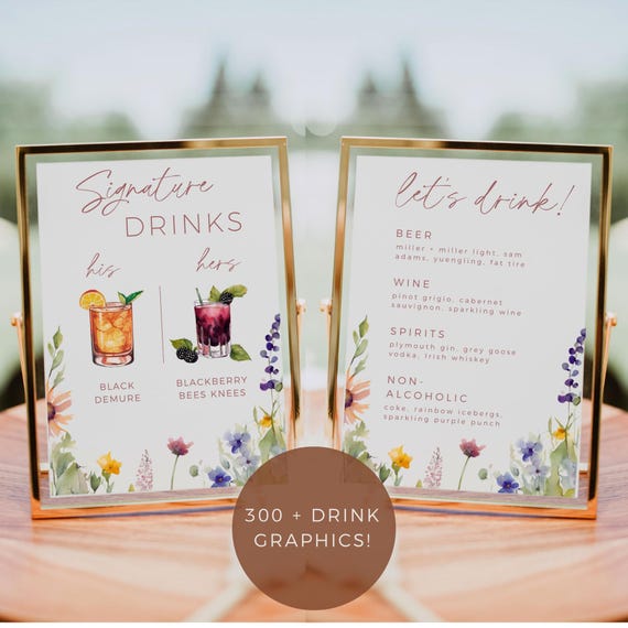 Watercolor Wildflower Signature Drink Sign, Editable Wedding Cocktail Bar Menu Template, His and Hers Drink Sign, Custom Signature Cocktails