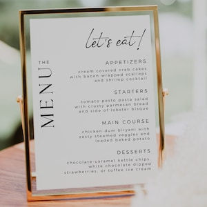 Modèle de menu de mariage minimaliste moderne, menu du dîner élégant, modèle entièrement modifiable, téléchargement immédiat, édition sur Canva, enseigne Let's Eat
