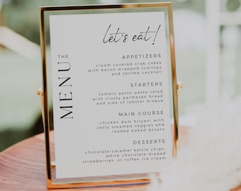 Modern Minimalist Wedding Menu Template, Elegant Dinner Menu, Fully Editable Template, Instant Download, Edit In Canva, Let's Eat Sign