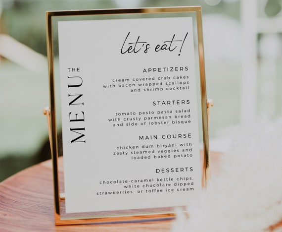 Modern Minimalist Wedding Menu Template, Elegant Dinner Menu, Fully Editable Template, Instant Download, Edit In Canva, Let's Eat Sign