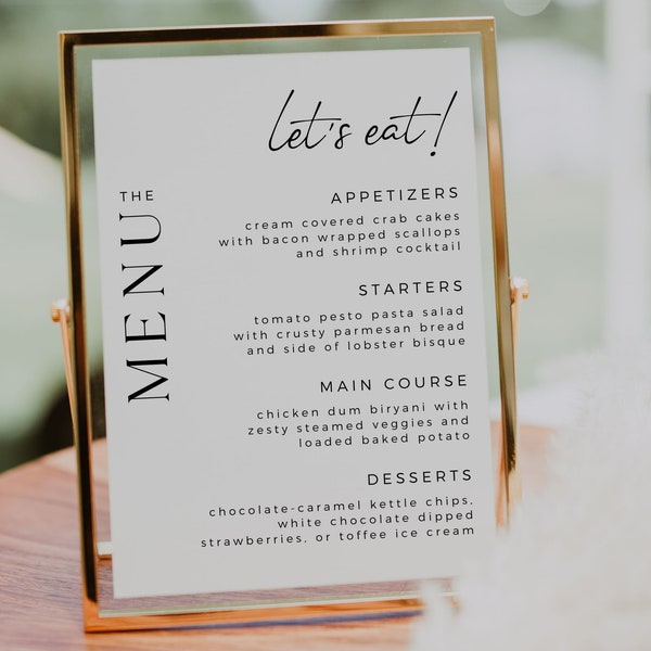 Modern Minimalist Wedding Menu Template, Elegant Dinner Menu, Fully Editable Template, Instant Download, Edit In Canva, Let's Eat Sign
