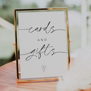 Plantilla de signo de tarjetas y regalos minimalistas, signo de mesa de regalo de boda moderno, signo de tarjetas y regalos de ducha de boda boho, editable en Canva