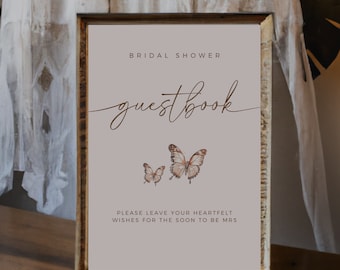 Butterfly Bridal Shower Guestbook Sign, Light Pink Guest Book Sign, Editable Template, Edit In Canva, Bridal Shower Decor, Guest Book Sign