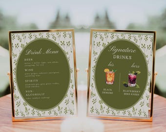 Vintage Floral Green Signature Drink Menu, His & Hers Wedding Cocktail Bar Sign, Editable Canva Template