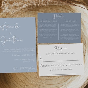 May include: A blue wedding invitation with white text. The invitation is for Amanda and Jonathan's wedding on Sunday, June 21st, 20XX at 1234 Ella Beach, Savannah, Georgia 31302. The invitation includes details about accommodations and reception, as well as a response card with a deadline of April 30th.