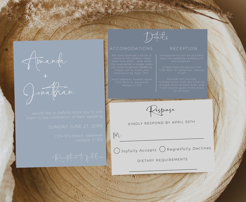 May include: A blue wedding invitation with white text. The invitation is for Amanda and Jonathan's wedding on Sunday, June 21st, 20XX at 1234 Ella Beach, Savannah, Georgia 31302. The invitation includes details about accommodations and reception, as well as a response card with a deadline of April 30th.