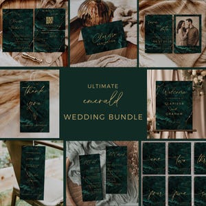 May include: An emerald green wedding bundle featuring various stationery items. The set includes invitations, save-the-date cards, menus, and table numbers. Gold script and marble textures add an elegant touch. The text "Ultimate Emerald Wedding Bundle" is displayed.