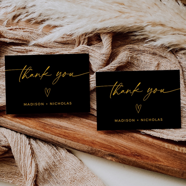 Black and Gold Wedding Thank You Card Template, Folded and Flat ...