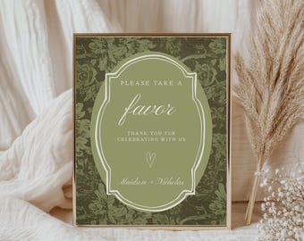 Vintage matcha groen trouwbedankjesbord, volledig bewerkbare canvassjabloon, afdrukbaar receptiedecor, gunst tafelbewegwijzering, direct downloaden