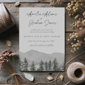 Minimalist Mountain Wedding Save The Date, Editable Template, Outdoor Wedding, Rustic Forest Wedding Announcement, Photo Save The Date image 3