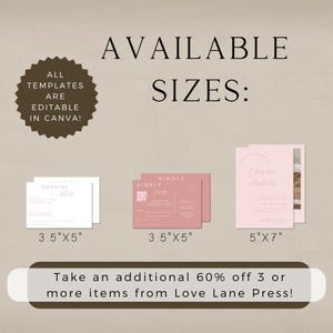 May include: Three printable wedding invitation templates in different sizes: 3.5 inches by 5 inches, 3.5 inches by 5 inches, and 5 inches by 7 inches. The templates are editable in Canva. The text on the templates reads "Wedding Details", "Kindly RSVP", and "Pras Micheles".