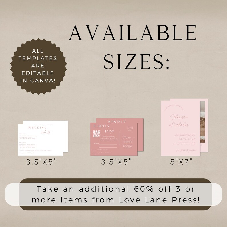 May include: Three printable wedding invitation templates in different sizes: 3.5 inches by 5 inches, 3.5 inches by 5 inches, and 5 inches by 7 inches. The templates are editable in Canva. The text on the templates reads "Wedding Details", "Kindly RSVP", and "Pras Micheles".