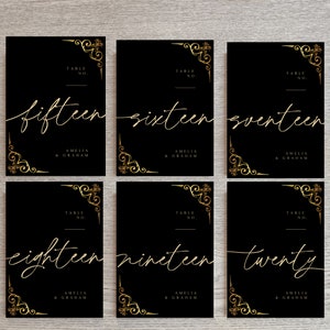 Black And Gold Table Numbers, Editable Template, Art Deco Reception Decor, Gothic Wedding Sign, Seating Chart Cards, Printable Signage