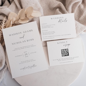 May include: Wedding invitation with a white background and black text. The invitation is for Madison Adams and Nicholas Ross. The wedding will take place on Saturday, September 28, 2028 at 10:00 AM at The Diamond Palace, 1234 Main St, Boise, ID 83316. The invitation includes a QR code for RSVP.