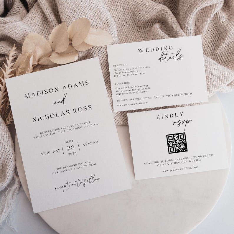May include: Wedding invitation with a white background and black text. The invitation is for Madison Adams and Nicholas Ross. The wedding will take place on Saturday, September 28, 2028 at 10:00 AM at The Diamond Palace, 1234 Main St, Boise, ID 83316. The invitation includes a QR code for RSVP.