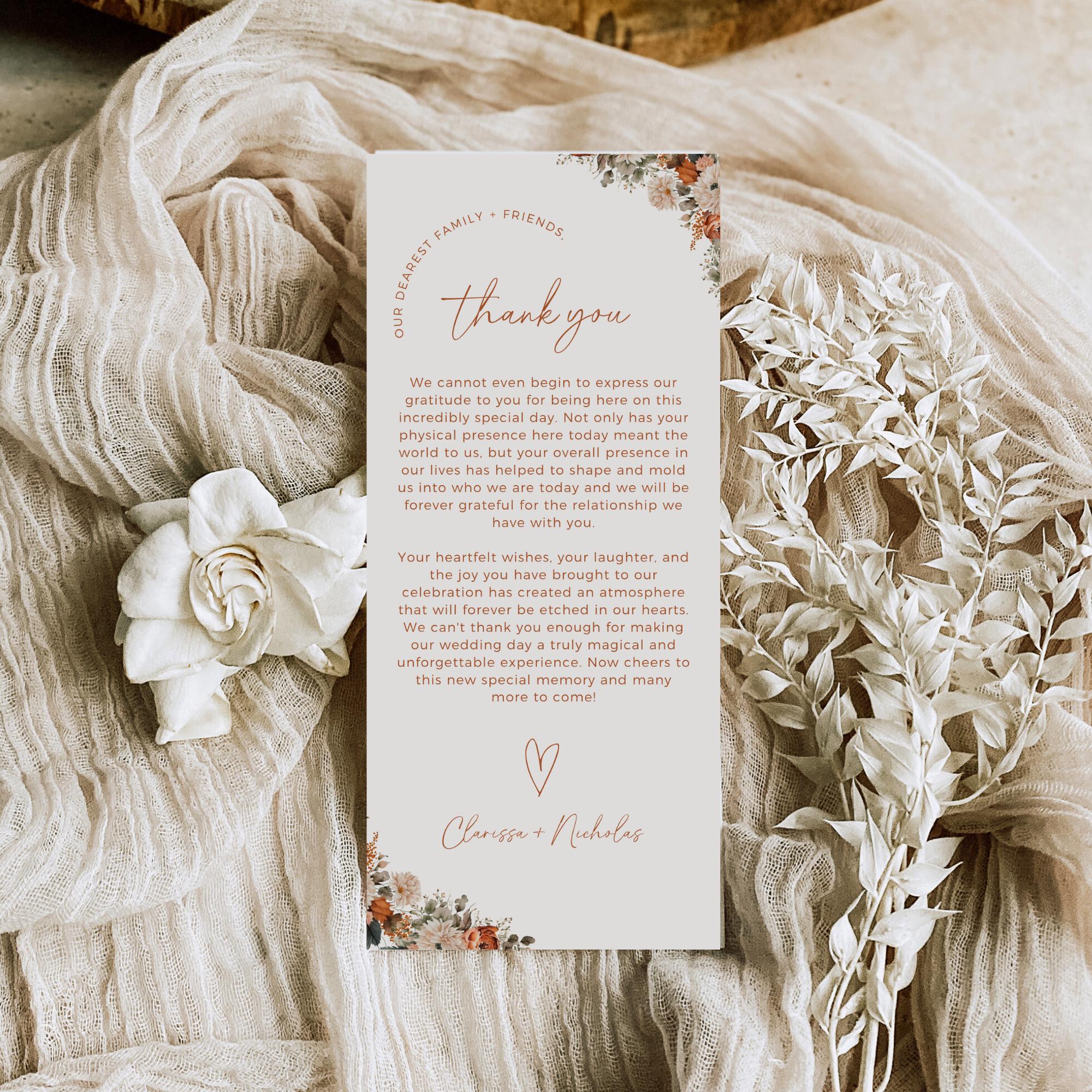 Modello di segnaposto e menu di ringraziamento per matrimonio, biglietto di ringraziamento per tavolo nuziale modificabile, menu di matrimonio moderno stampabile - CALM - Italia