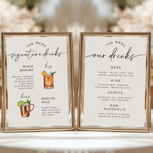 Editable Wedding Bar Sign & Signature Drink Menu Bundle, His and Hers Cocktails, Minimalist Canva Template, Printable Reception Signage