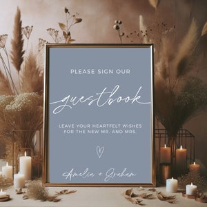 Dusty Blue Guestbook Sign Template, Wedding Guest Book Sign, Reception Decor, Boho Wedding Signage, Edit In Canva, Instant Download