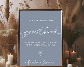 Dusty Blue Guestbook Sign Template, Wedding Guest Book Sign, Reception Decor, Boho Wedding Signage, Edit In Canva, Instant Download